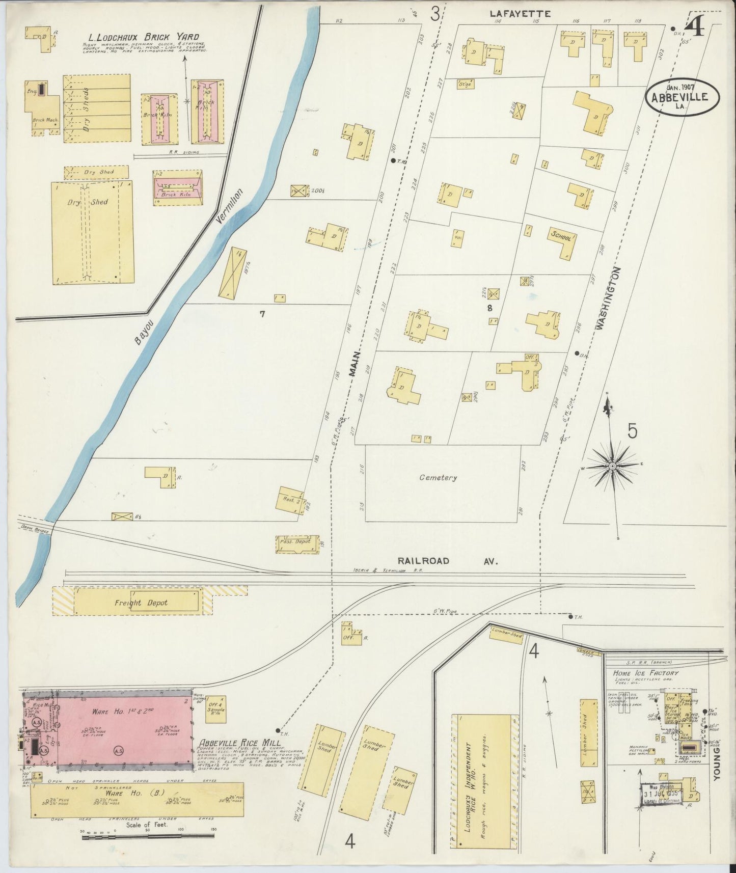 Sanborn Fire Insurance Map from Abbeville, Vermilion Parish, Louisiana (1907), Sheet #0004 - Complete Map Set gallery image, historic Sanborn map, vintage wall art, Louisiana Louisiana