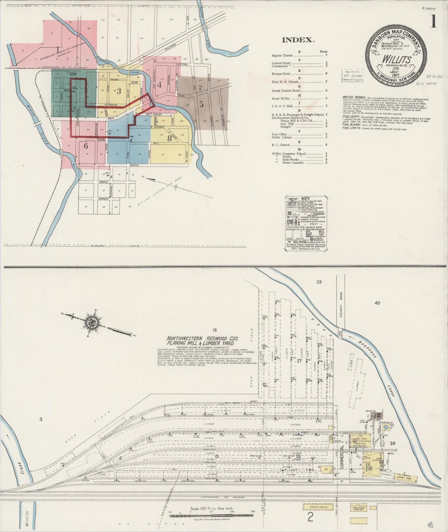 Sanborn Fire Insurance Map from Willits, Mendocino County, California (1917), Sheet #0001 - Complete Map Set gallery image, historic Sanborn map, vintage wall art, California California