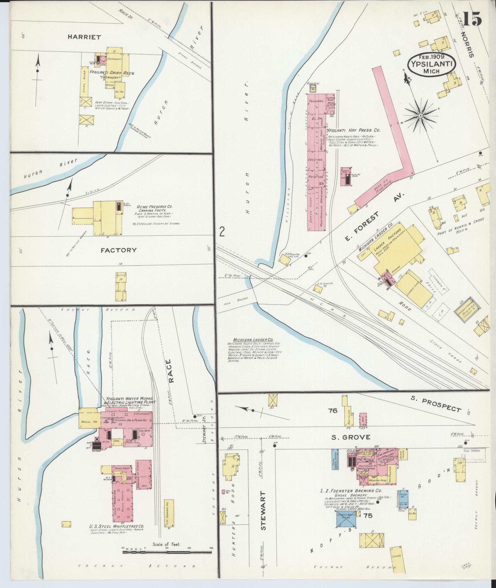 Sanborn Fire Insurance Map from Ypsilanti, Washtenaw County, Michigan (1909), Sheet #0015 - Complete Map Set gallery image, historic Sanborn map, vintage wall art, Michigan Michigan