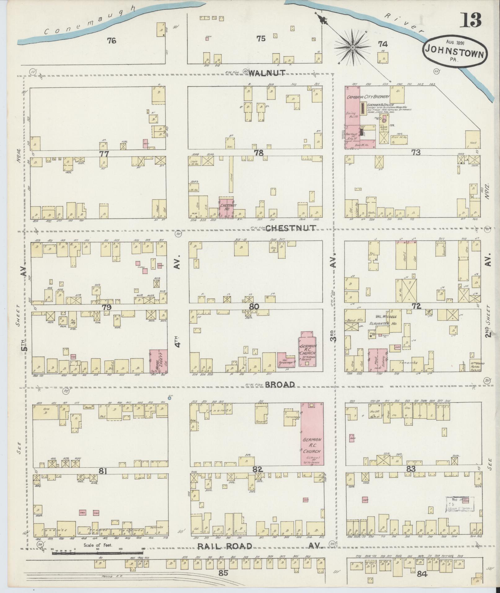 Sanborn Fire Insurance Map from Johnstown, Cambria County, Pennsylvania (1891), Sheet #0013 - Complete Map Set gallery image, historic Sanborn map, vintage wall art, Pennsylvania Pennsylvania