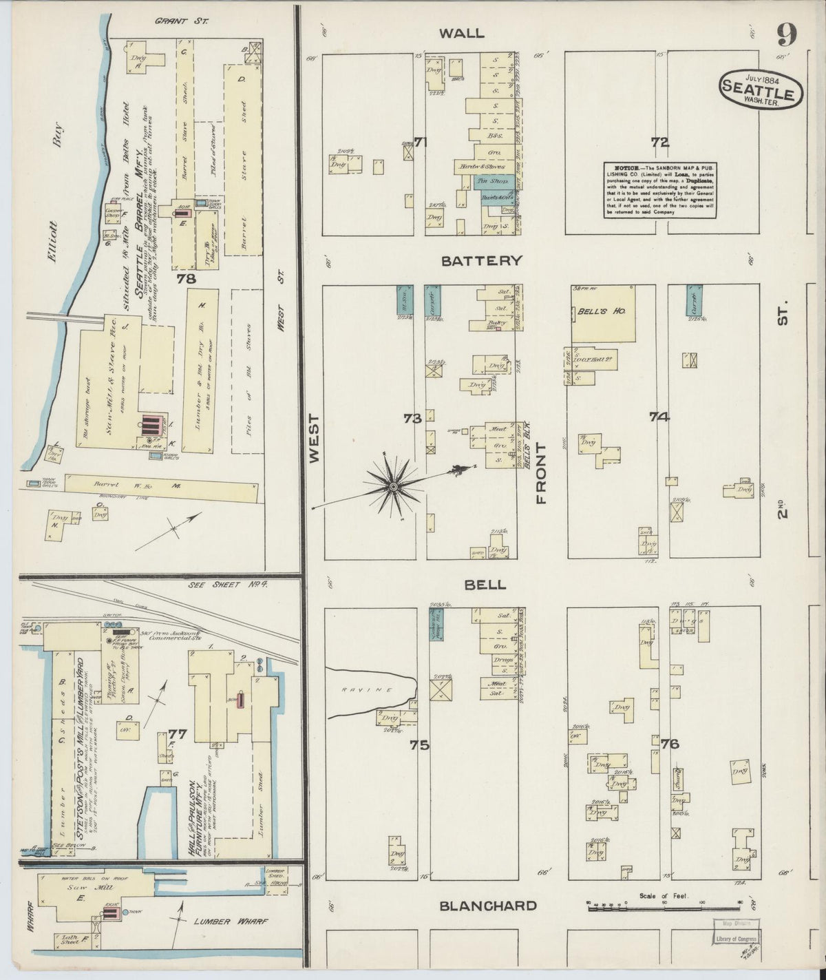 Sanborn Fire Insurance Map from Seattle, King County, Washington (1884), Sheet #0009 - Historic Sanborn Fire Insurance Map Print, vintage old map wall art, antique decor, genealogy gift, Washington Washington map
