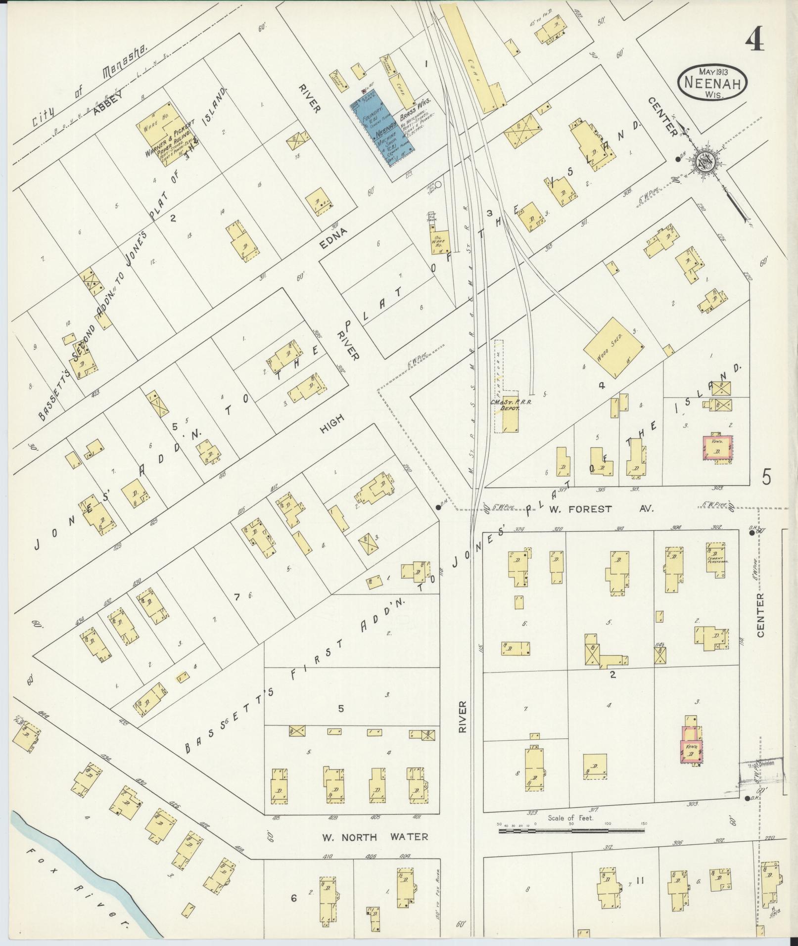 Sanborn Fire Insurance Map from Neenah, Winnebago County, Wisconsin (1913), Sheet #0004 - Historic Sanborn Fire Insurance Map Print, vintage old map wall art, antique decor, genealogy gift, Wisconsin Wisconsin map
