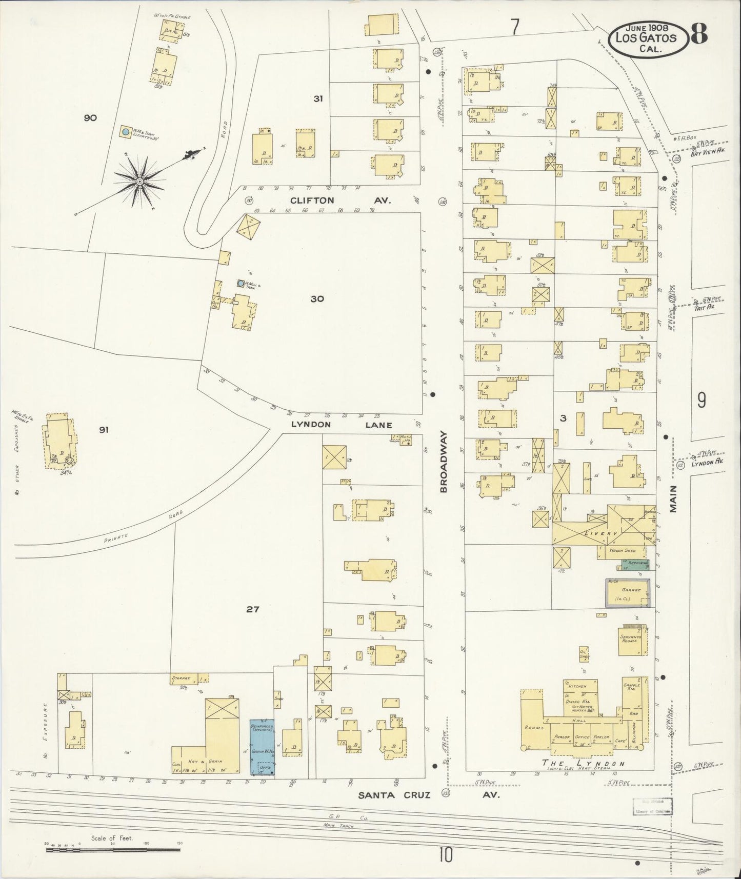 Sanborn Fire Insurance Map from Los Gatos, Santa Clara County, California (1908), Sheet #0008 - Historic Sanborn Fire Insurance Map Print, vintage old map wall art, antique decor, genealogy gift, California California map