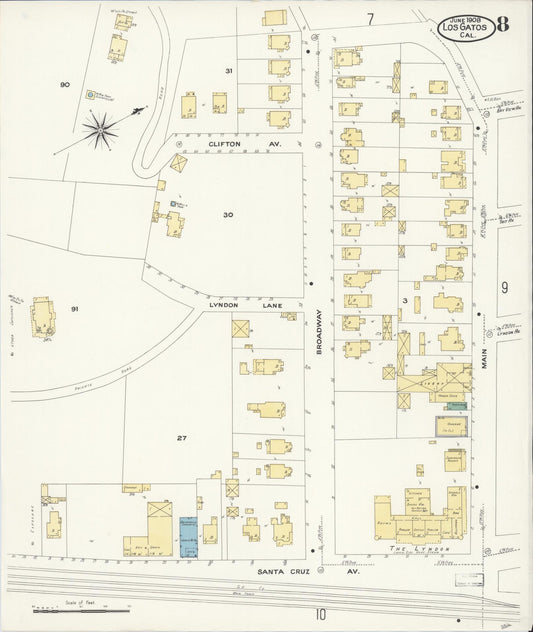 Sanborn Fire Insurance Map from Los Gatos, Santa Clara County, California (1908), Sheet #0008 - Historic Sanborn Fire Insurance Map Print, vintage old map wall art, antique decor, genealogy gift, California California map