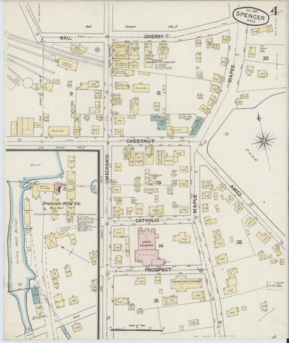 Sanborn Fire Insurance Map from Spencer, Worcester County, Massachusetts (1887), Sheet #0004 - Historic Sanborn Fire Insurance Map Print, vintage old map wall art, antique decor, genealogy gift, Massachusetts Massachusetts map