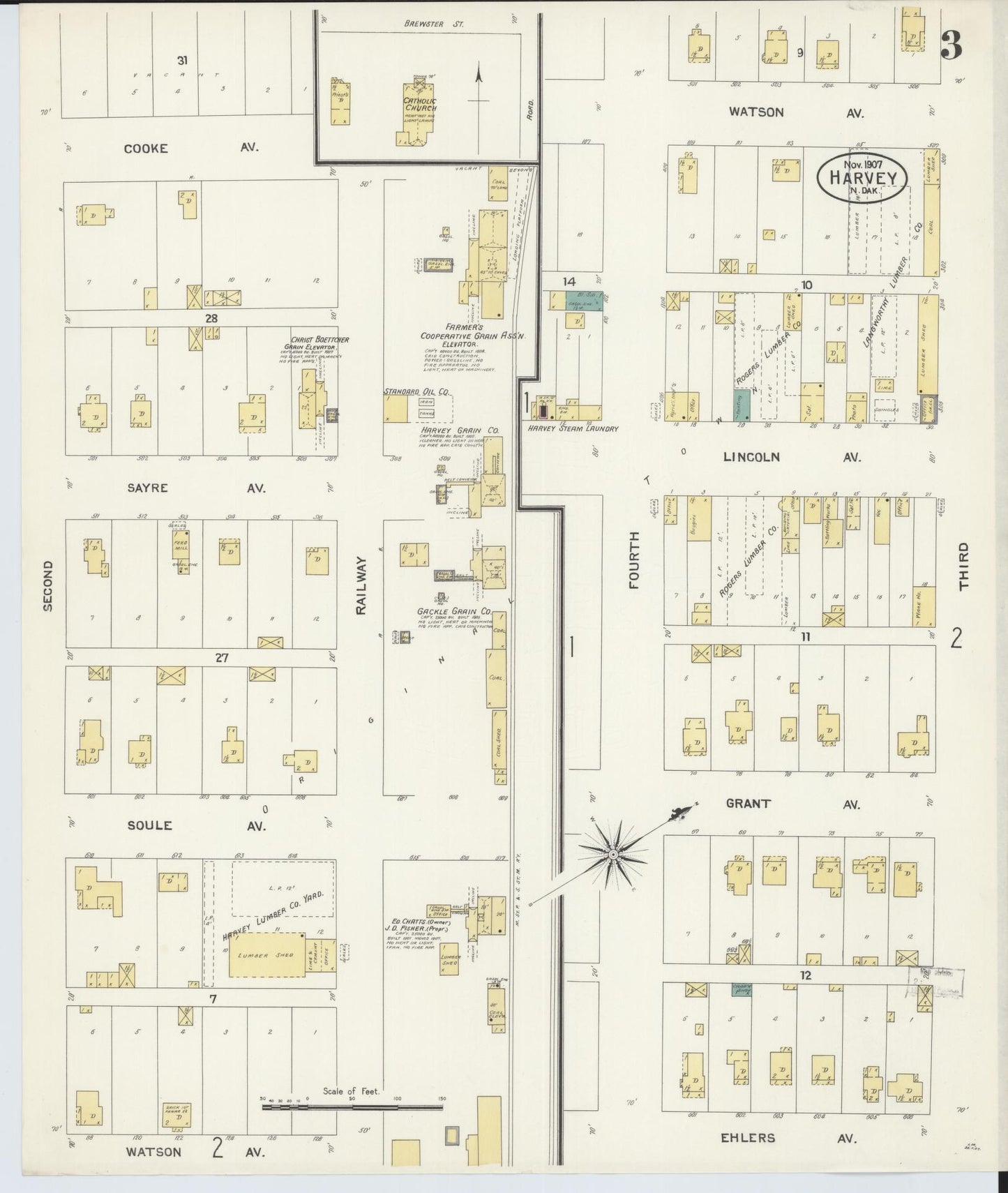 Sanborn Fire Insurance Map from Harvey, Wells County, North Dakota (1907), Sheet #0003 - Historic Sanborn Fire Insurance Map Print, vintage old map wall art, antique decor, genealogy gift, North Dakota North Dakota map