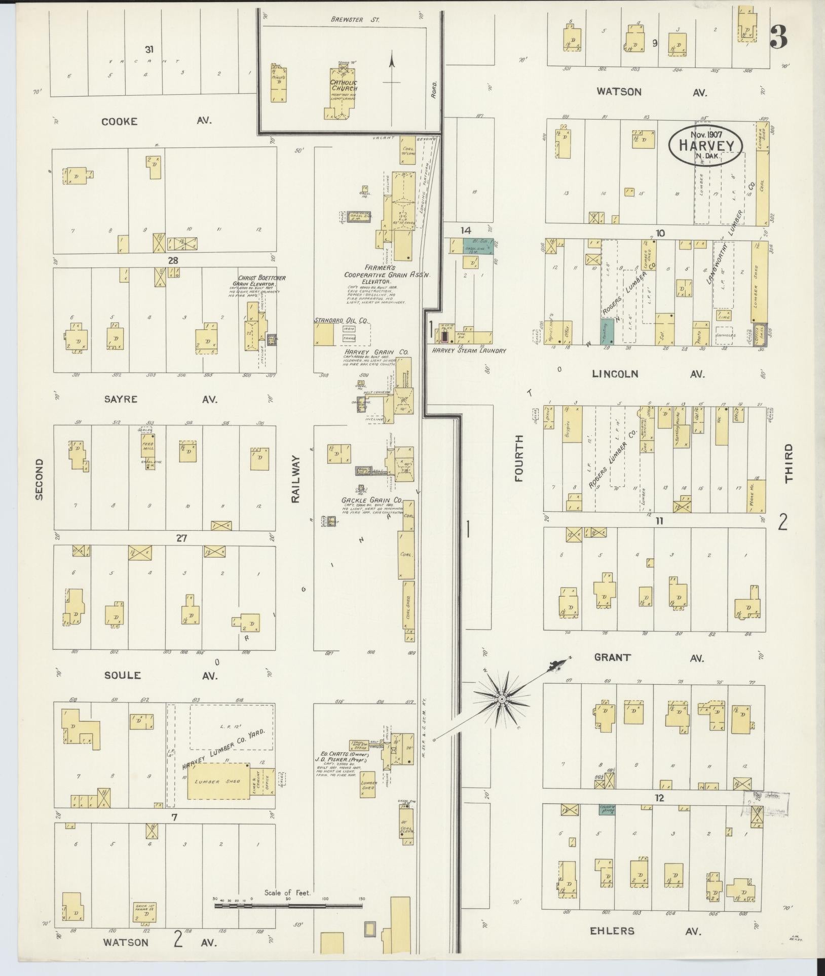 Sanborn Fire Insurance Map from Harvey, Wells County, North Dakota (1907), Sheet #0003 - Historic Sanborn Fire Insurance Map Print, vintage old map wall art, antique decor, genealogy gift, North Dakota North Dakota map
