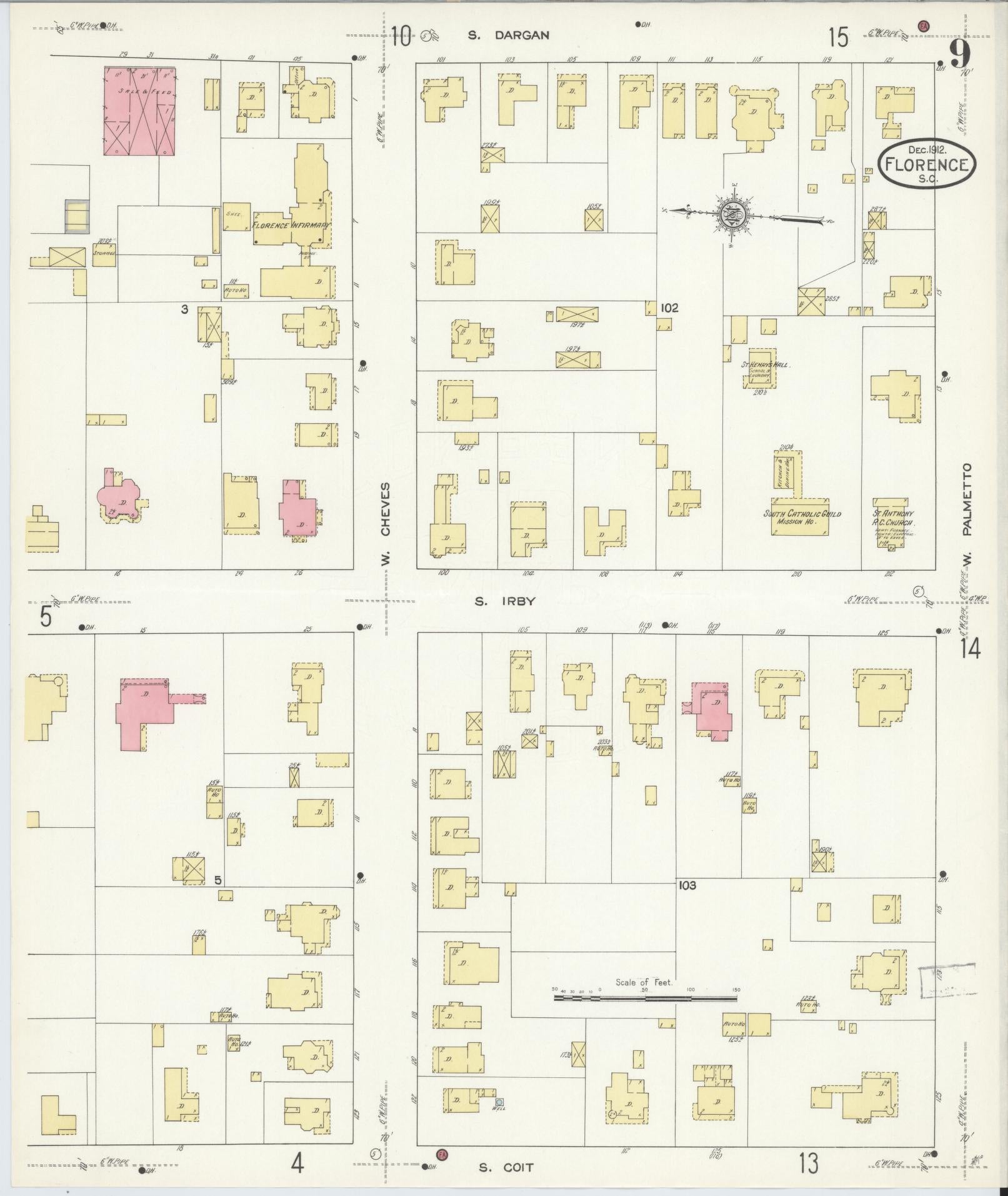 Sanborn Fire Insurance Map from Florence, Florence County, South Carolina (1912), Sheet #0009 - Historic Sanborn Fire Insurance Map Print, vintage old map wall art, antique decor, genealogy gift, South Carolina South Carolina map
