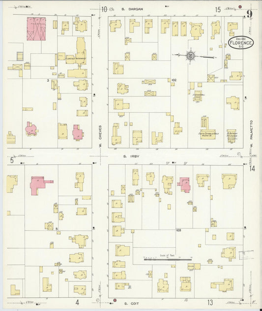 Sanborn Fire Insurance Map from Florence, Florence County, South Carolina (1912), Sheet #0009 - Historic Sanborn Fire Insurance Map Print, vintage old map wall art, antique decor, genealogy gift, South Carolina South Carolina map