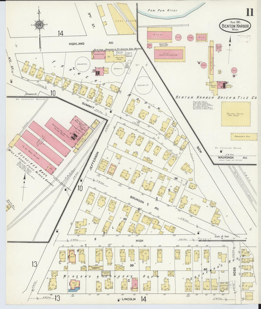 Sanborn Fire Insurance Map from Benton Harbor, Berrien County, Michigan (1911), Sheet #0011 - Historic Sanborn Fire Insurance Map Print, vintage old map wall art, antique decor, genealogy gift, Michigan Michigan map