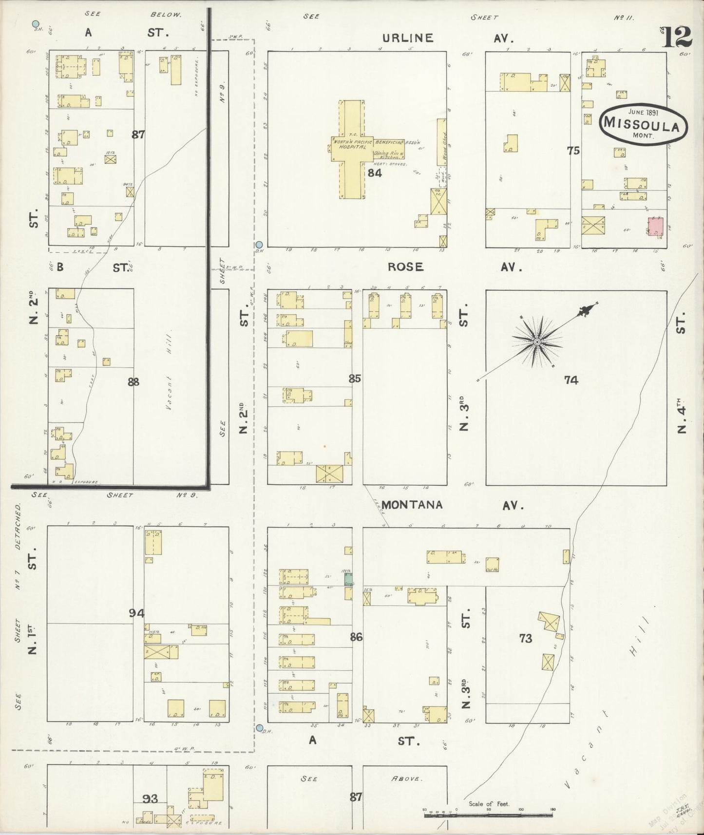 Sanborn Fire Insurance Map from Missoula, Missoula County, Montana (1891), Sheet #0012 - Historic Sanborn Fire Insurance Map Print, vintage old map wall art, antique decor, genealogy gift, Montana Montana map