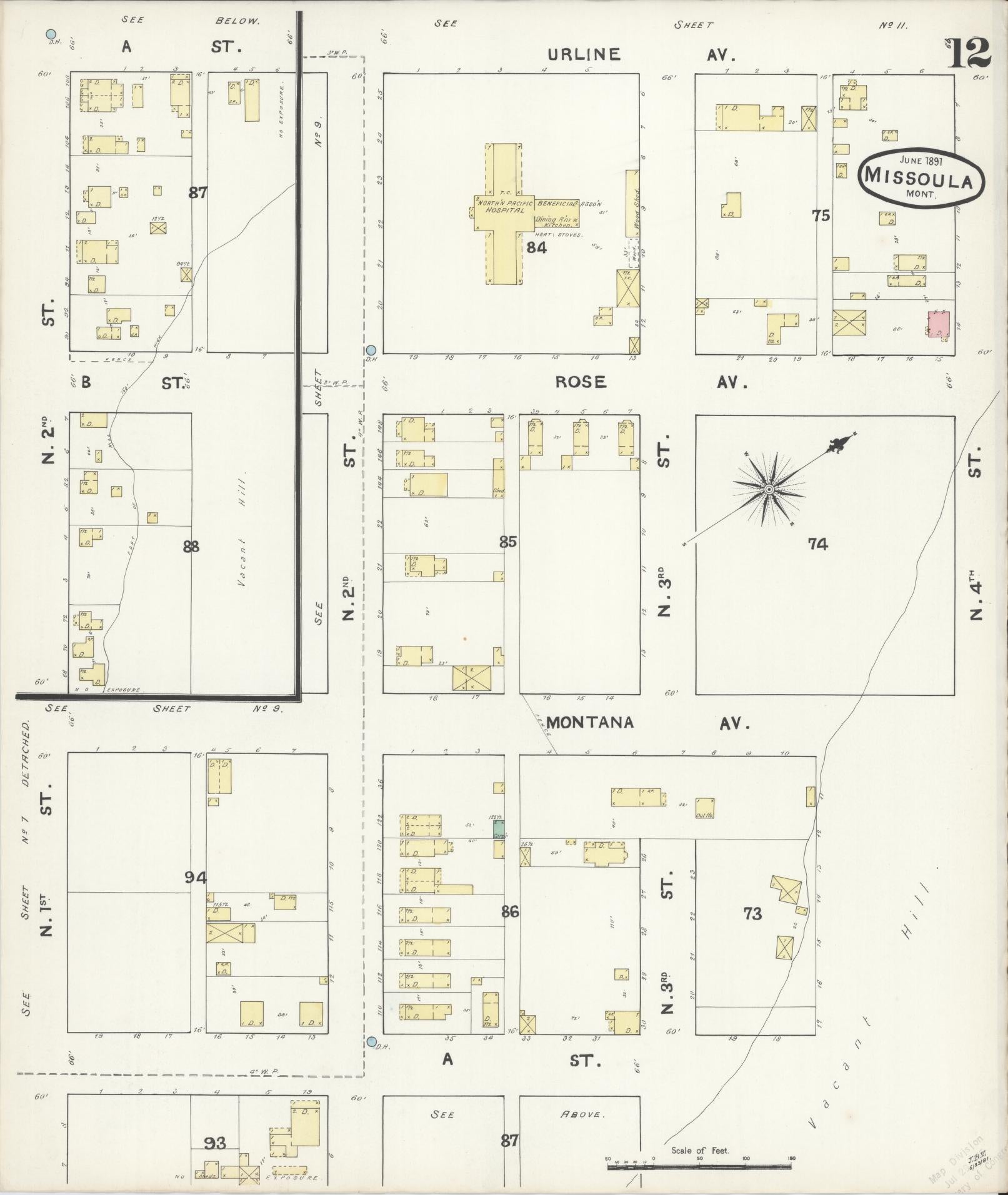 Sanborn Fire Insurance Map from Missoula, Missoula County, Montana (1891), Sheet #0012 - Historic Sanborn Fire Insurance Map Print, vintage old map wall art, antique decor, genealogy gift, Montana Montana map
