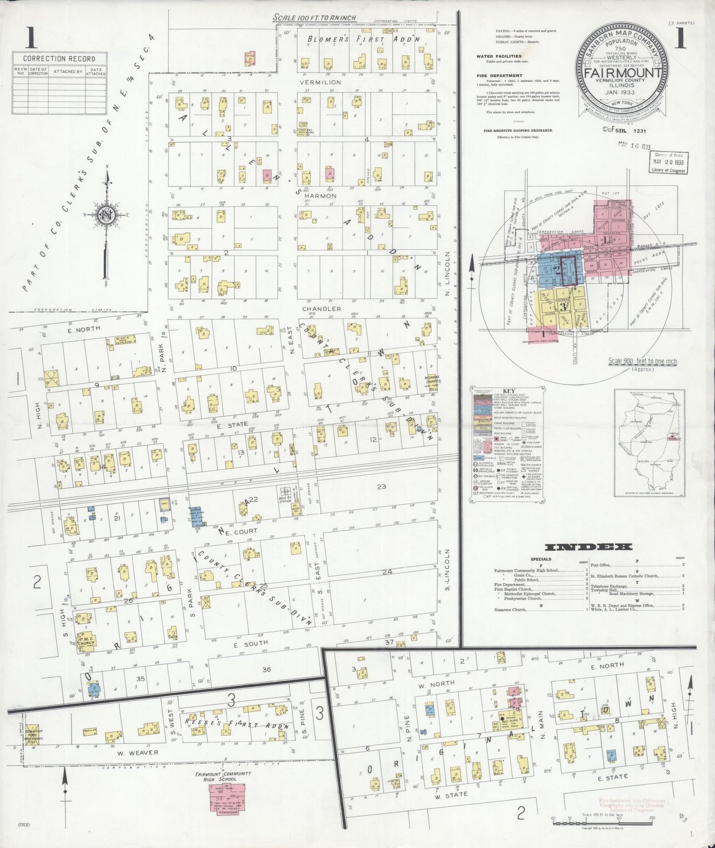Sanborn Fire Insurance Map from Fairmount, Vermilion County, Illinois (1933), Sheet #0001 - Complete Map Set gallery image, historic Sanborn map, vintage wall art, Illinois Illinois