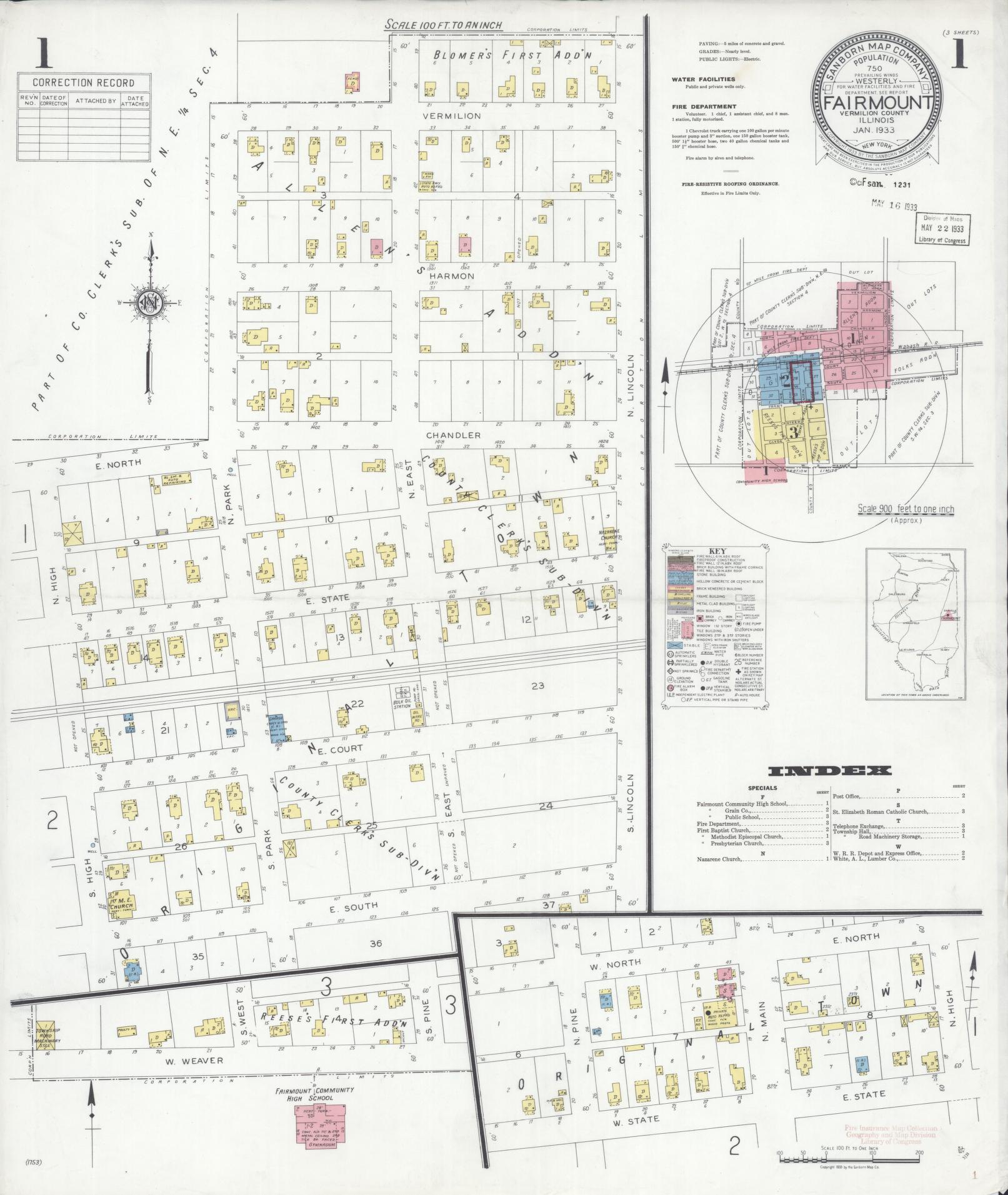 Sanborn Fire Insurance Map from Fairmount, Vermilion County, Illinois (1933), Sheet #0001 - Complete Map Set gallery image, historic Sanborn map, vintage wall art, Illinois Illinois