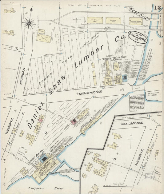 Sanborn Fire Insurance Map from Eau Claire, Eau Claire County, Wisconsin (1883), Sheet #0013 - Historic Sanborn Fire Insurance Map Print, vintage old map wall art, antique decor, genealogy gift, Wisconsin Wisconsin map