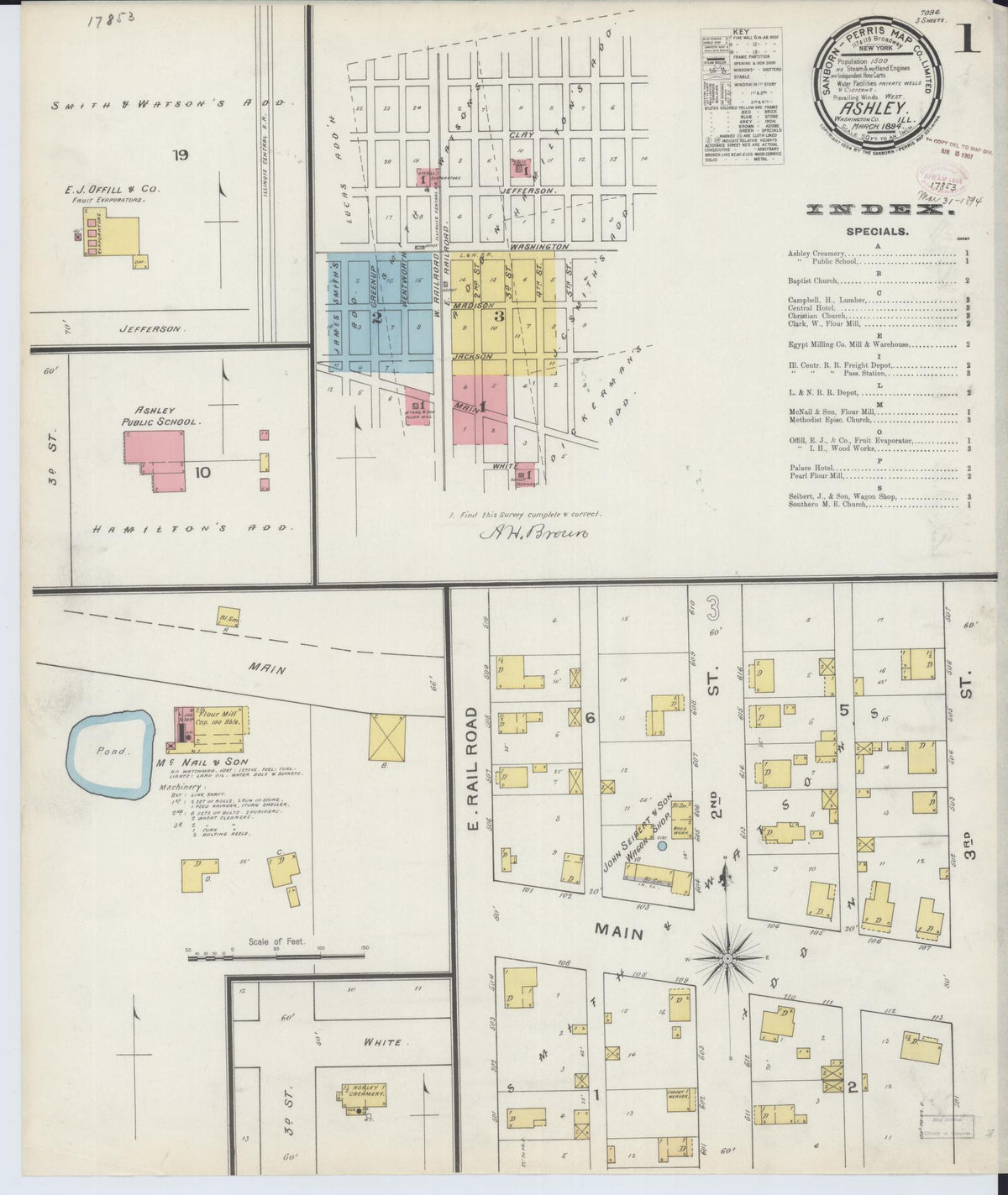 Sanborn Fire Insurance Map from Ashley, Washington County, Illinois (1894), Sheet #0001 - Historic Sanborn Fire Insurance Map Print, vintage old map wall art, antique decor, genealogy gift, Illinois Illinois map