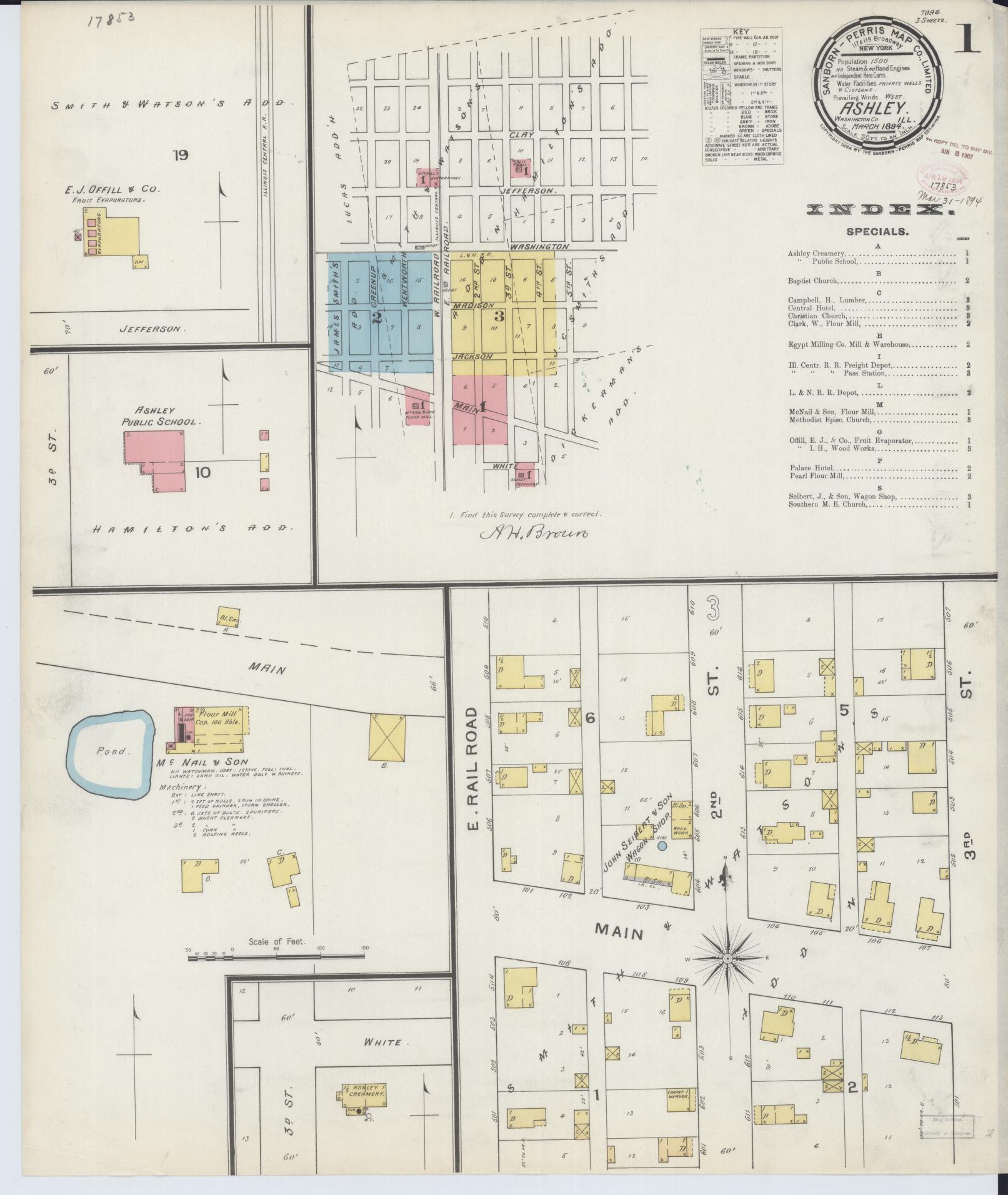 Sanborn Fire Insurance Map from Ashley, Washington County, Illinois (1894), Sheet #0001 - Historic Sanborn Fire Insurance Map Print, vintage old map wall art, antique decor, genealogy gift, Illinois Illinois map