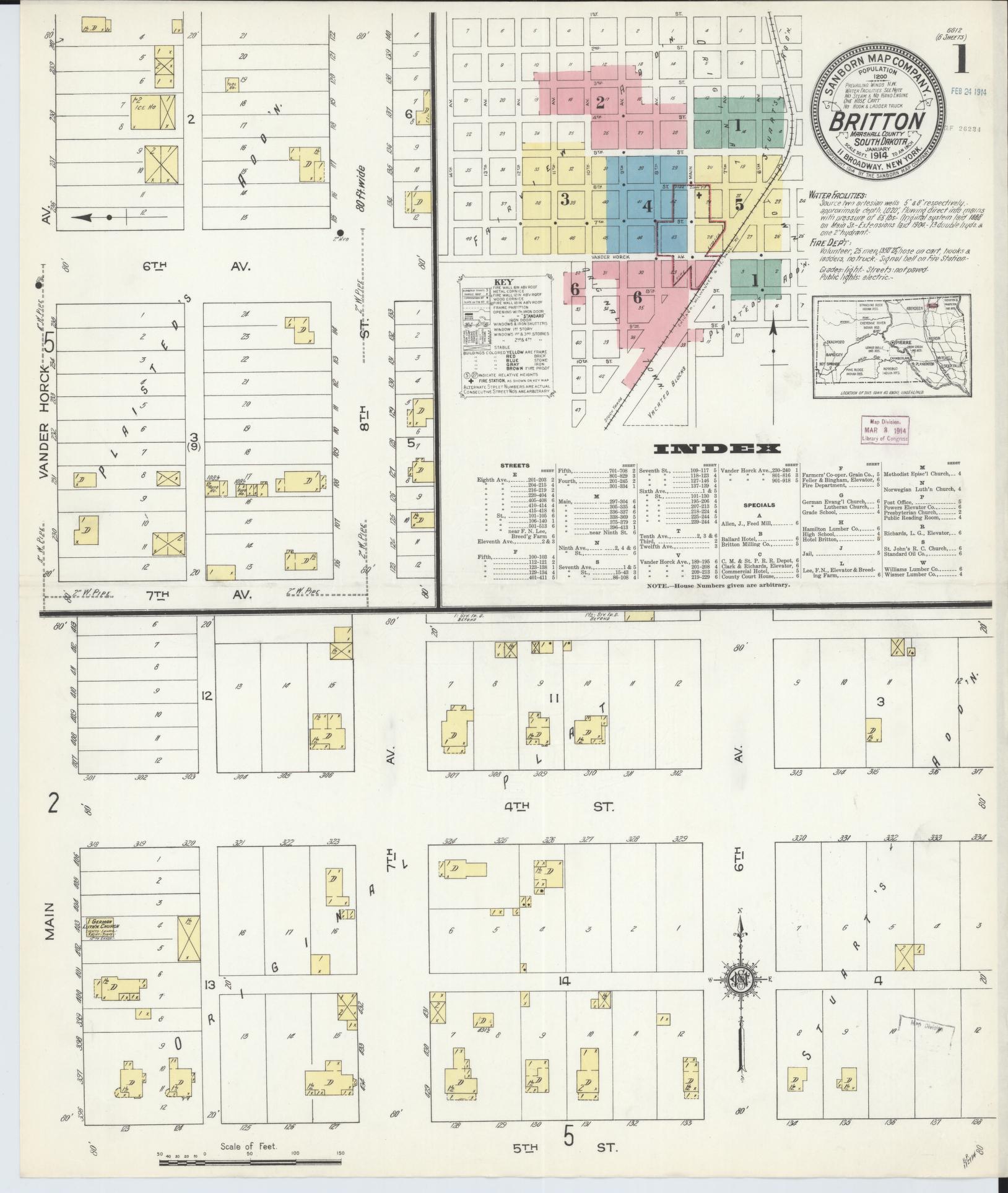 Sanborn Fire Insurance Map from Britton, Marshall County, South Dakota (1914), Sheet #0001 - Complete Map Set gallery image, historic Sanborn map, vintage wall art, South Dakota South Dakota