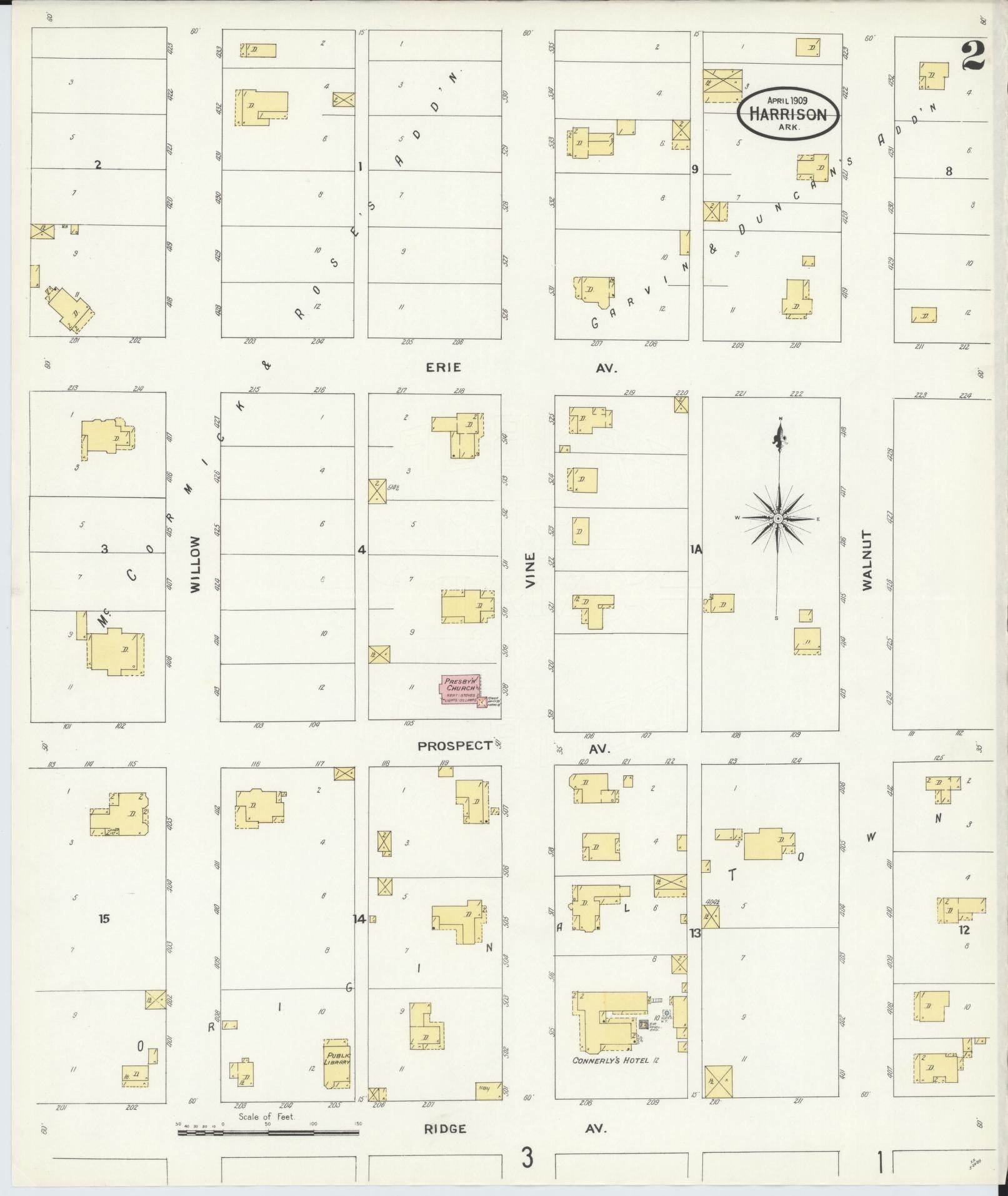 Sanborn Fire Insurance Map from Harrison, Boone County, Arkansas (1909), Sheet #0002 - Historic Sanborn Fire Insurance Map Print, vintage old map wall art, antique decor, genealogy gift, Arkansas Arkansas map