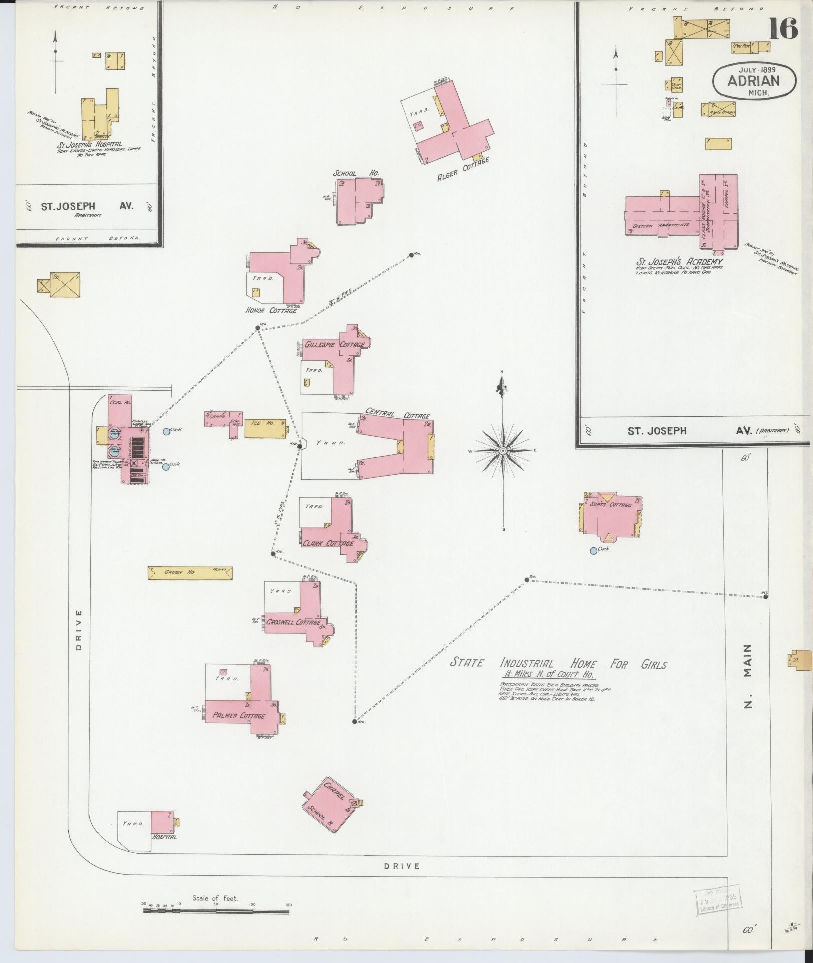 Sanborn Fire Insurance Map from Adrian, Lenawee County, Michigan (1899), Sheet #0016 - Complete Map Set gallery image, historic Sanborn map, vintage wall art, Michigan Michigan