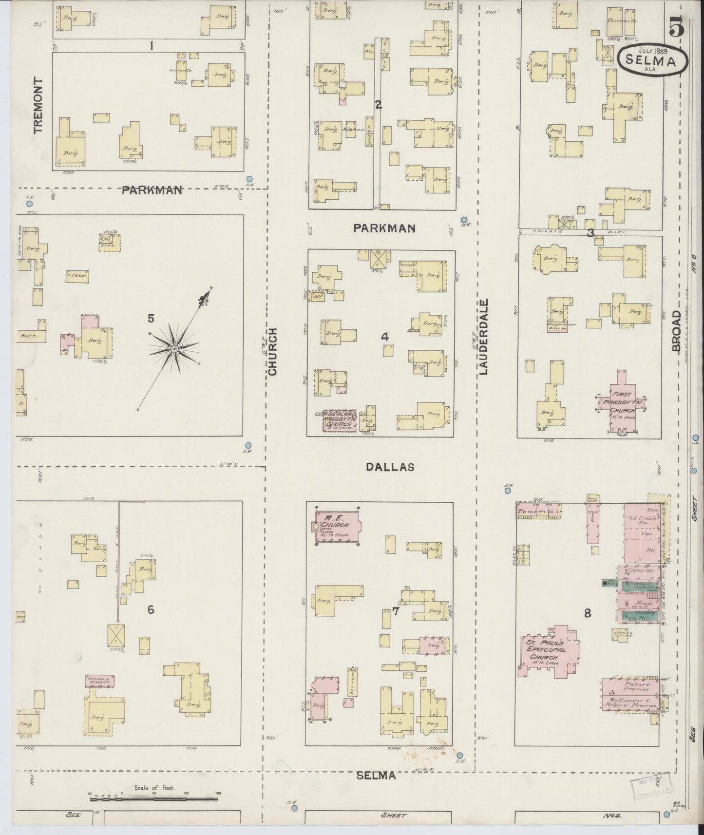 Sanborn Fire Insurance Map from Selma, Dallas County, Alabama (1889), Sheet #0005 - Complete Map Set gallery image, historic Sanborn map, vintage wall art, Alabama Alabama
