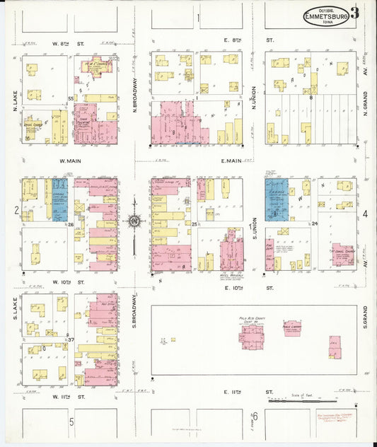 Sanborn Fire Insurance Map from Emmetsburg, Palo Alto County, Iowa (1916), Sheet #0003 - Historic Sanborn Fire Insurance Map Print, vintage old map wall art