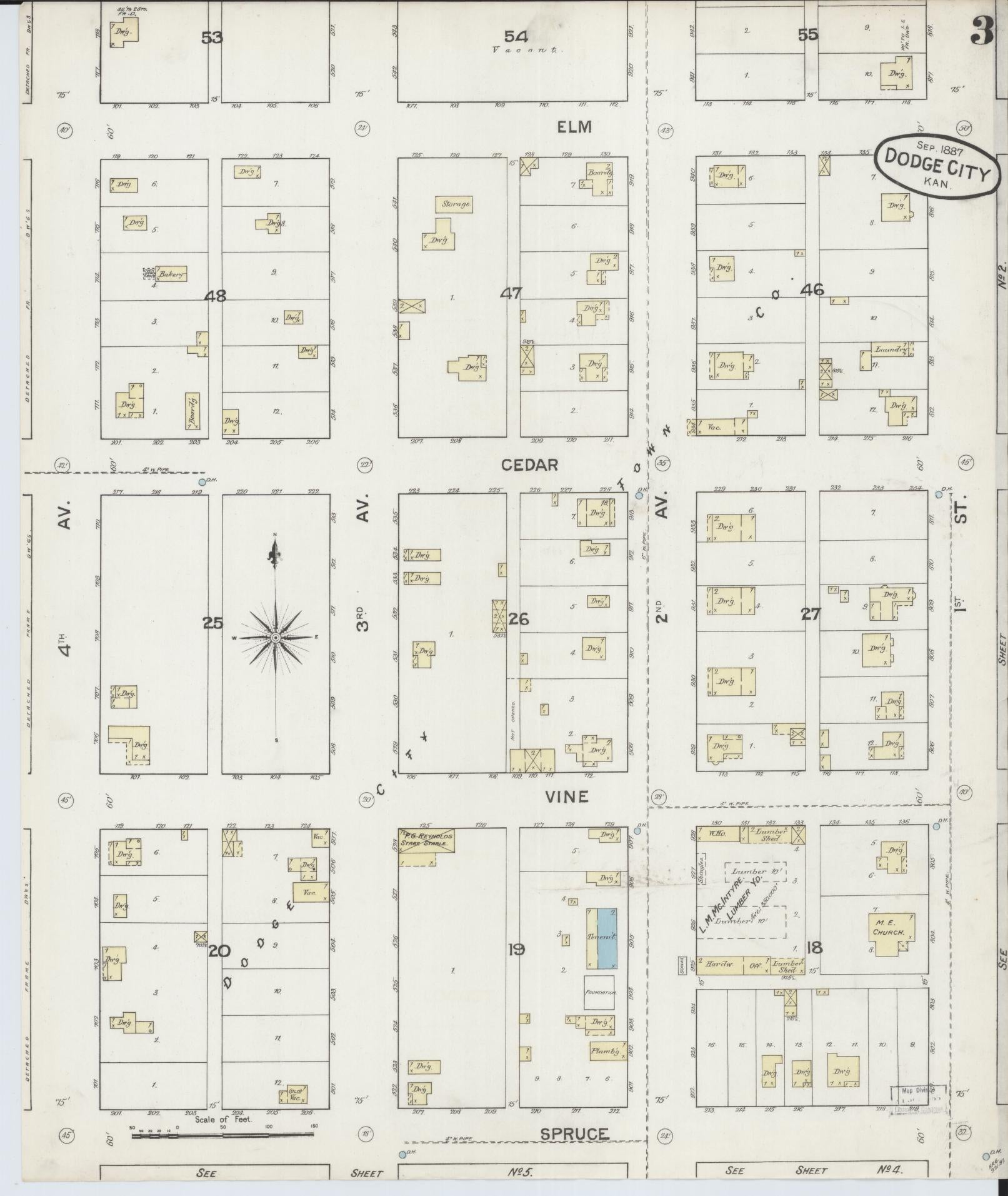 Sanborn Fire Insurance Map from Dodge City, Ford County, Kansas (1887), Sheet #0003 - Complete Map Set gallery image, historic Sanborn map, vintage wall art, Kansas Kansas