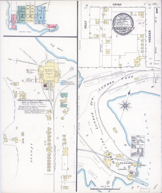 Sanborn Fire Insurance Map from Mendocino, Mendocino County, California (1890), Sheet #0001 - Historic Sanborn Fire Insurance Map Print, vintage old map wall art, antique decor, genealogy gift, California California map