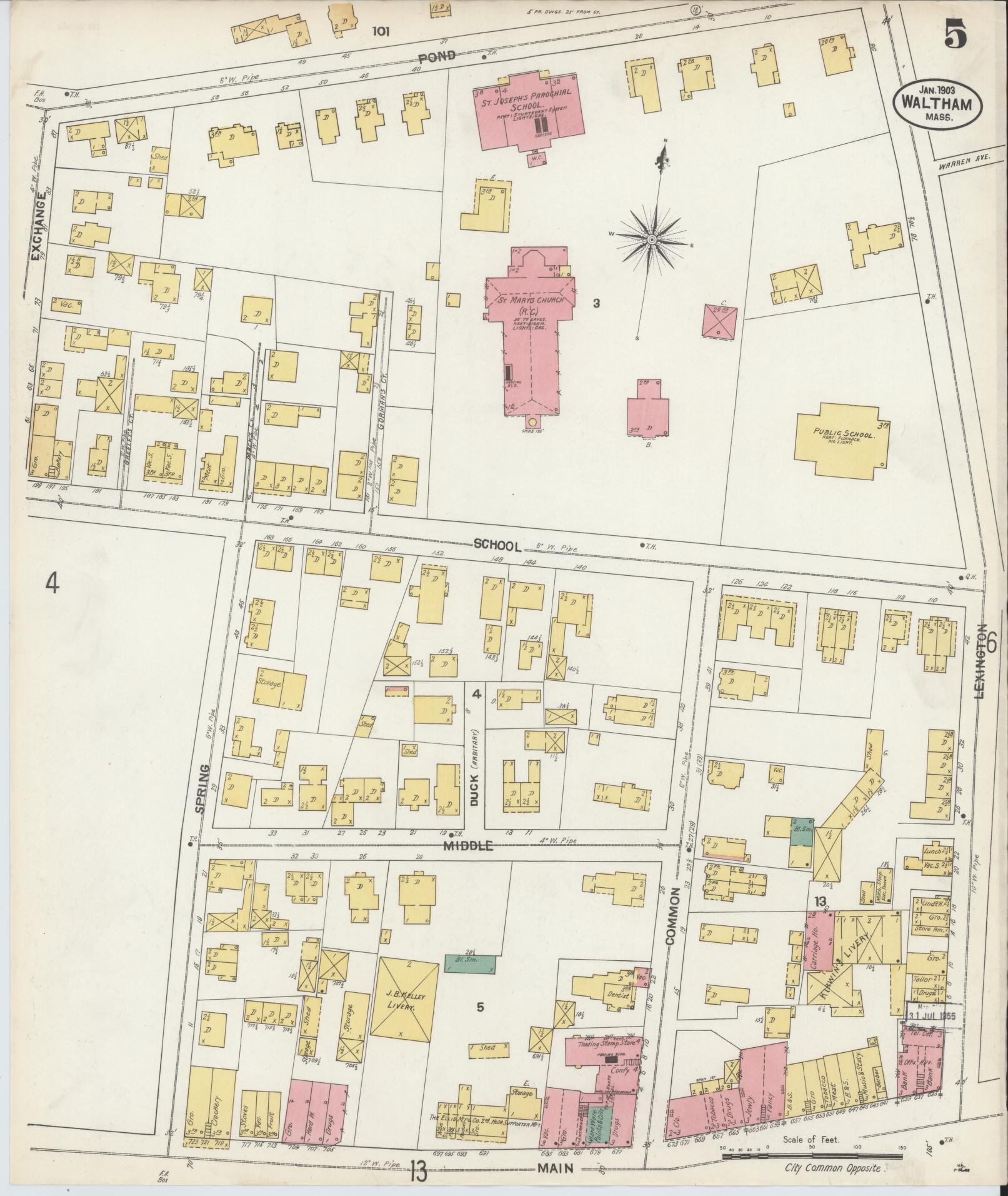 Sanborn Fire Insurance Map from Waltham, Middlesex County, Massachusetts (1903), Sheet #0005 - Historic Sanborn Fire Insurance Map Print, vintage old map wall art, antique decor, genealogy gift, Massachusetts Massachusetts map