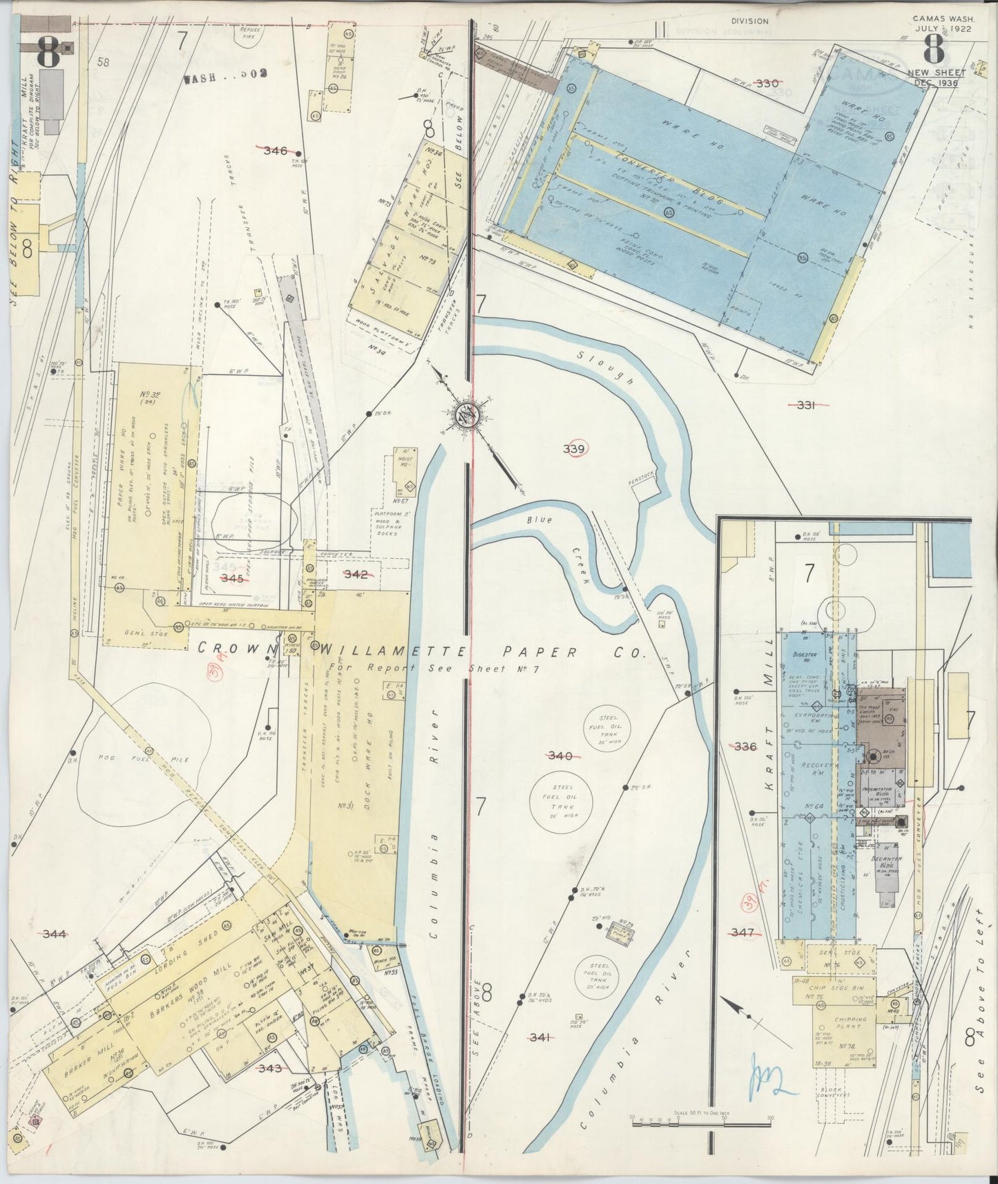 Sanborn Fire Insurance Map from Camas, Clark County, Washington (1943), Sheet #0008 - Historic Sanborn Fire Insurance Map Print, vintage old map wall art, antique decor, genealogy gift, Washington Washington map