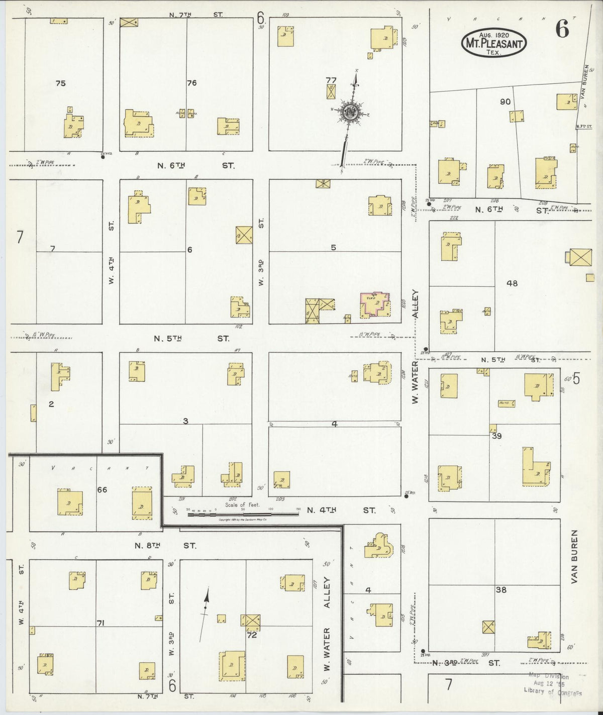 Sanborn Fire Insurance Map from Mount Pleasant, Titus County, Texas (1920), Sheet #0006 - Complete Map Set gallery image, historic Sanborn map, vintage wall art, Texas Texas
