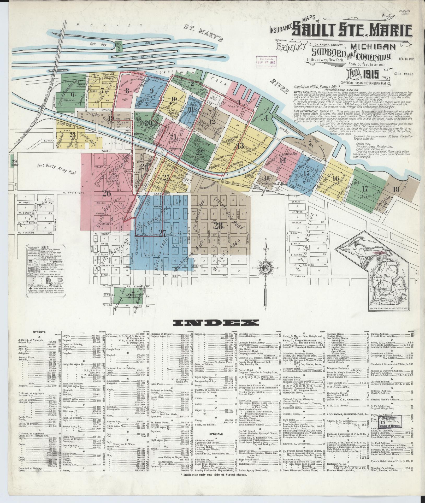 Sanborn Fire Insurance Map from Sault Sainte Marie, Chippewa County, Michigan (1915), Sheet #0001 - Complete Map Set gallery image, historic Sanborn map, vintage wall art, Michigan Michigan