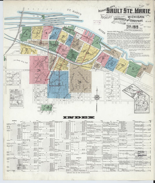 Sanborn Fire Insurance Map from Sault Sainte Marie, Chippewa County, Michigan (1915), Sheet #0001 - Complete Map Set gallery image, historic Sanborn map, vintage wall art, Michigan Michigan