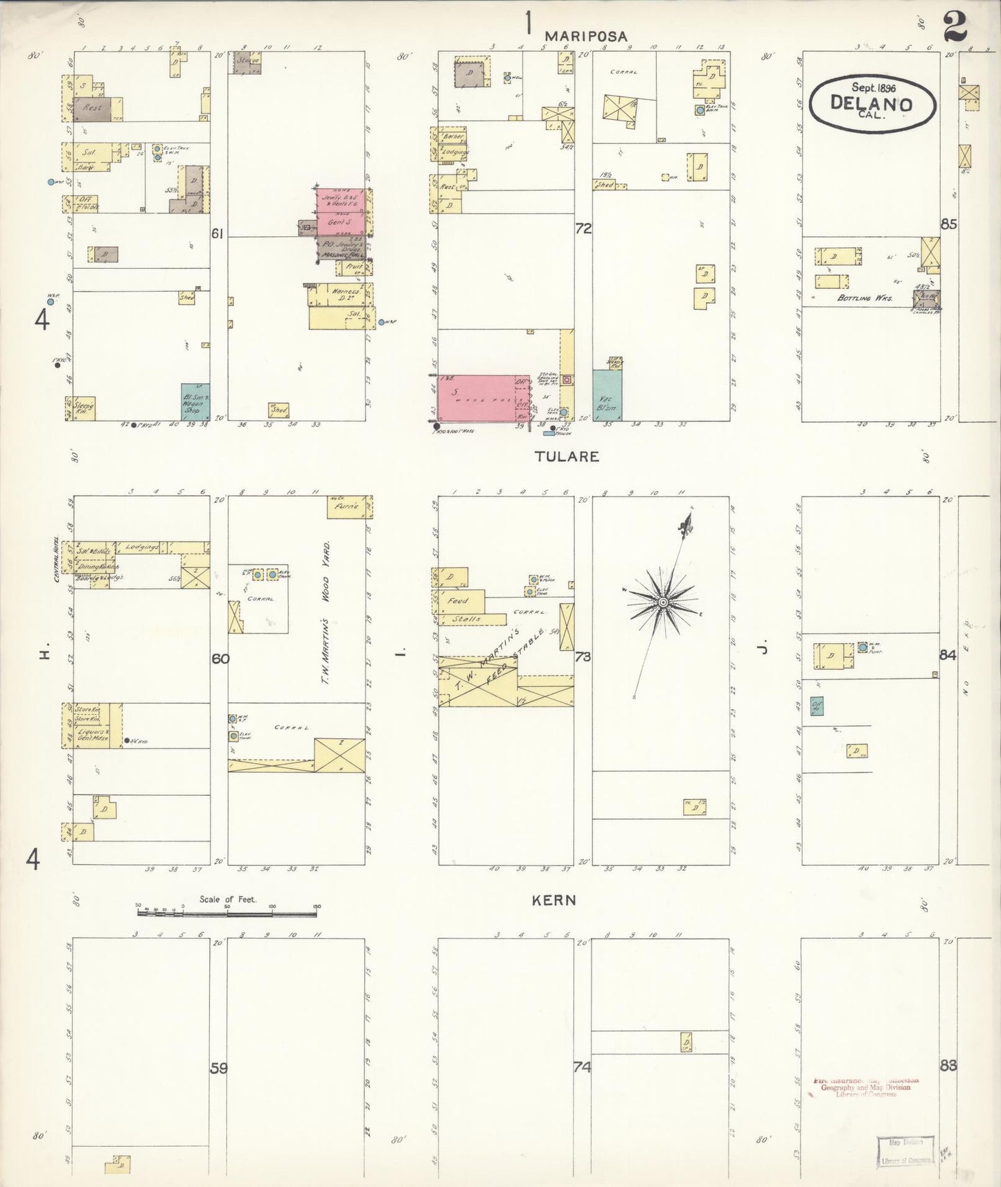 Sanborn Fire Insurance Map from Delano, Kern County, California (1896), Sheet #0002 - Complete Map Set gallery image, historic Sanborn map, vintage wall art, California California