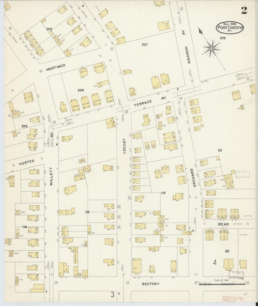 Sanborn Fire Insurance Map from Port Chester, Westchester County, New York (1908), Sheet #0002 - Historic Sanborn Fire Insurance Map Print, vintage old map wall art, antique decor, genealogy gift, New York New York map