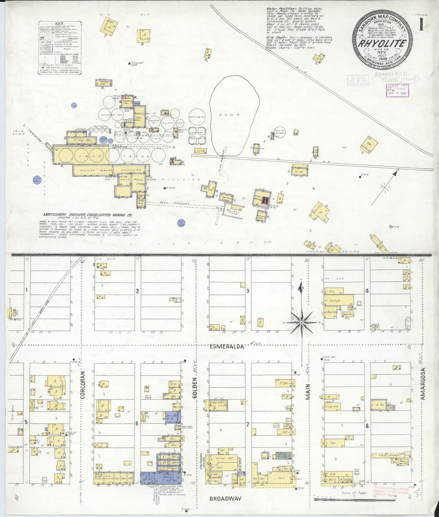 Sanborn Fire Insurance Map from Rhyolite, Nye County, Nevada (1909), Sheet #0001 - Historic Sanborn Fire Insurance Map Print, vintage old map wall art, antique decor, genealogy gift, Nevada Nevada map