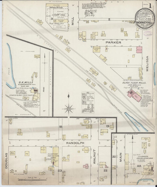 Sanborn Fire Insurance Map from Pinckneyville, Perry County, Illinois (1886), Sheet #0001 - Complete Map Set gallery image, historic Sanborn map, vintage wall art, Illinois Illinois