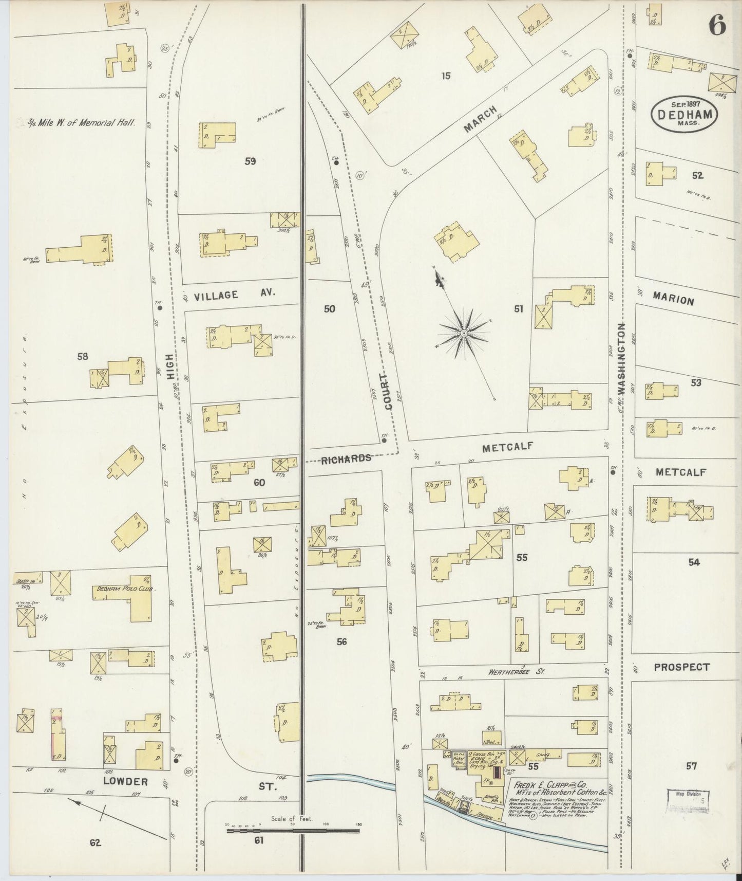 Sanborn Fire Insurance Map from Dedham, Norfolk County, Massachusetts (1897), Sheet #0006 - Complete Map Set gallery image, historic Sanborn map, vintage wall art, Massachusetts Massachusetts