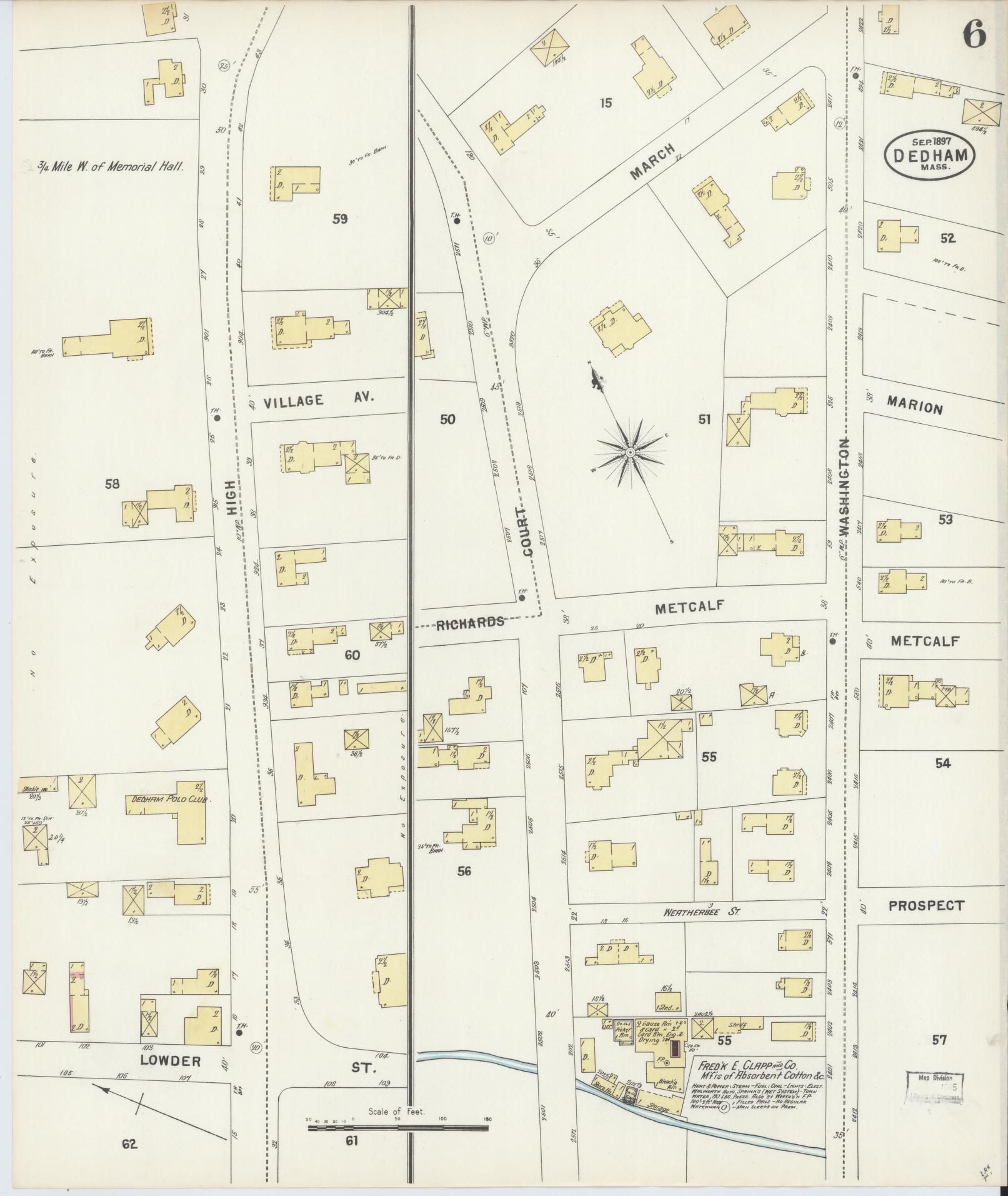 Sanborn Fire Insurance Map from Dedham, Norfolk County, Massachusetts (1897), Sheet #0006 - Complete Map Set gallery image, historic Sanborn map, vintage wall art, Massachusetts Massachusetts