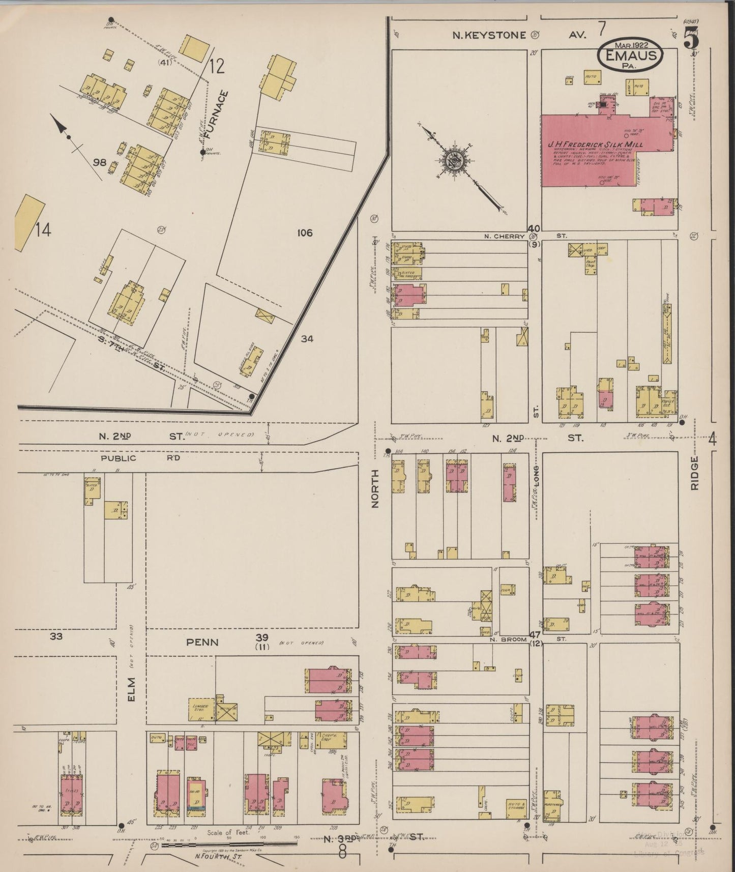 Sanborn Fire Insurance Map from Emaus, Lehigh County, Pennsylvania (1922), Sheet #0005 - Historic Sanborn Fire Insurance Map Print, vintage old map wall art, antique decor, genealogy gift, Pennsylvania Pennsylvania map