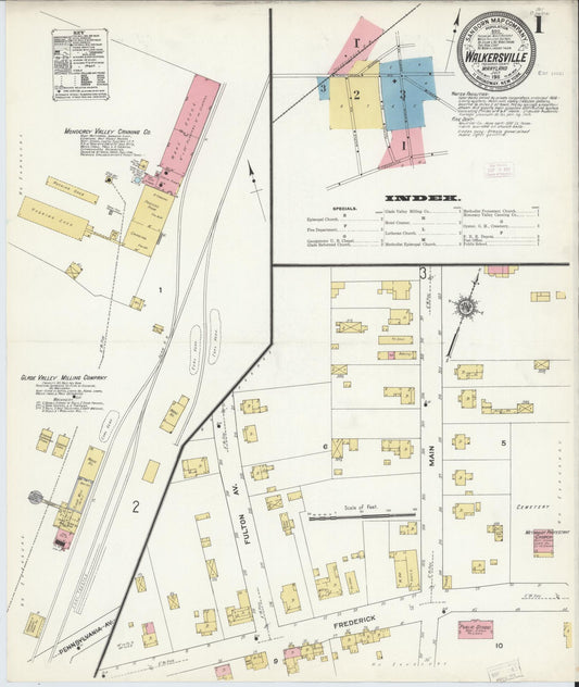 Sanborn Fire Insurance Map from Walkersville, Frederick County, Maryland (1911), Sheet #0001 - Historic Sanborn Fire Insurance Map Print, vintage old map wall art, antique decor, genealogy gift, Maryland Maryland map