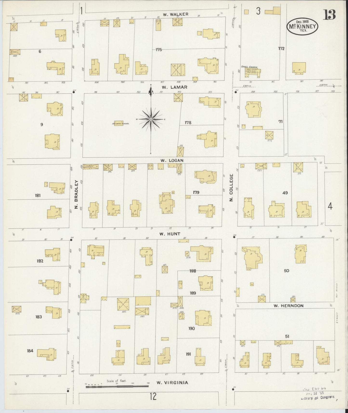 Sanborn Fire Insurance Map from McKinney, Collin County, Texas (1908), Sheet #0013 - Complete Map Set gallery image, historic Sanborn map, vintage wall art, Texas Texas