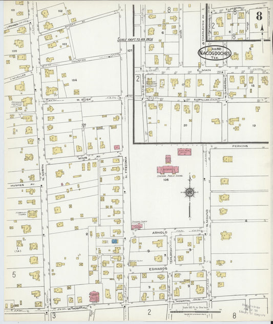Sanborn Fire Insurance Map from Nacogdoches, Nacogdoches County, Texas (1921), Sheet #0008 - Historic Sanborn Fire Insurance Map Print, vintage old map wall art, antique decor, genealogy gift, Texas Texas map