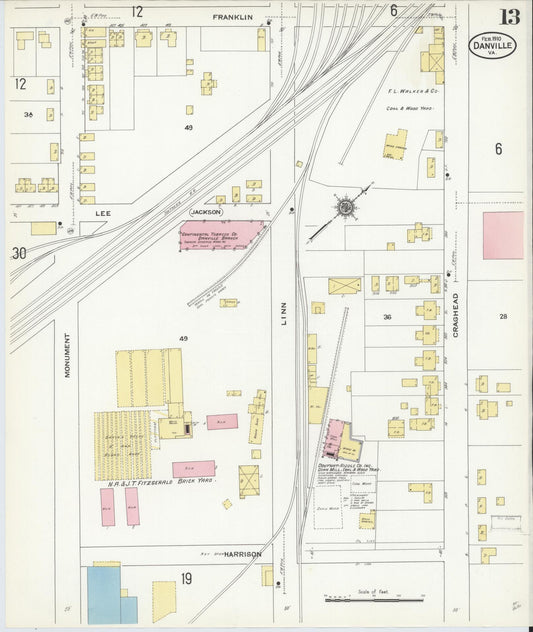 Sanborn Fire Insurance Map from Danville, Independent Cities, Virginia (1910), Sheet #0013 - Historic Sanborn Fire Insurance Map Print, vintage old map wall art, antique decor, genealogy gift, Virginia Virginia map