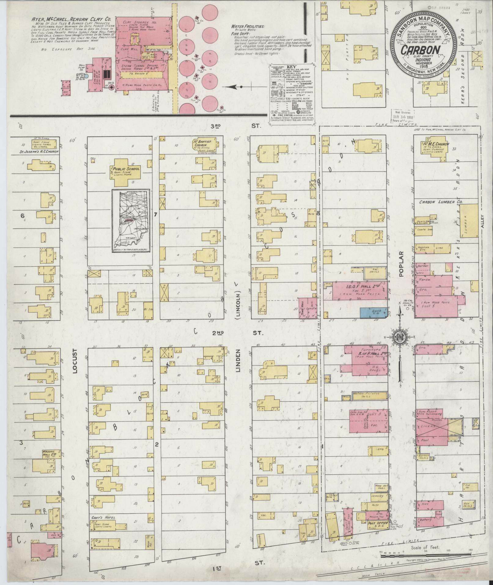 Sanborn Fire Insurance Map from Carbon, Clay County, Indiana (1918), Sheet #0001 - Historic Sanborn Fire Insurance Map Print, vintage old map wall art, antique decor, genealogy gift, Indiana Indiana map