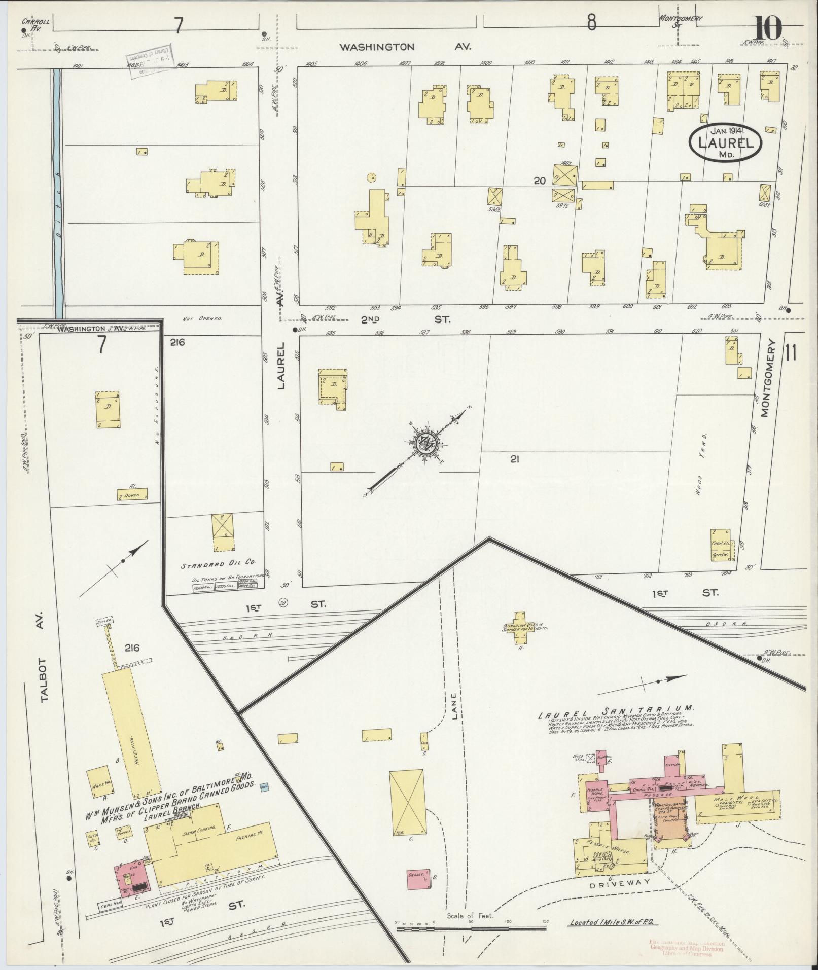 Sanborn Fire Insurance Map from Laurel, Prince Georges County, Maryland (1914), Sheet #0010 - Historic Sanborn Fire Insurance Map Print, vintage old map wall art