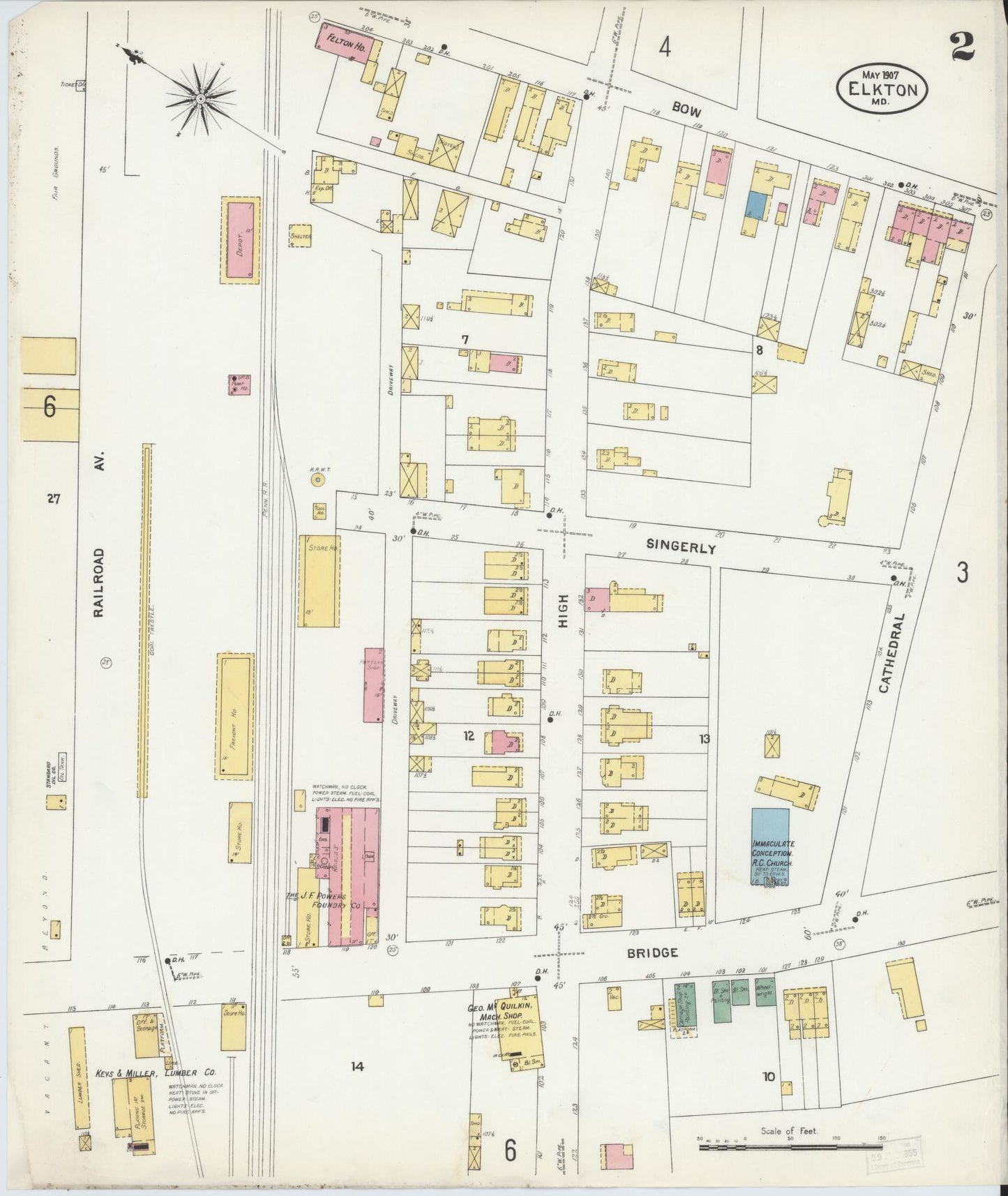 Sanborn Fire Insurance Map from Elkton, Cecil County, Maryland (1907), Sheet #0002 - Historic Sanborn Fire Insurance Map Print, vintage old map wall art