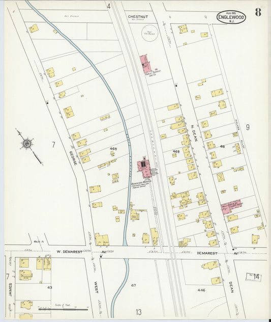 Sanborn Fire Insurance Map from Englewood, Bergen County, New Jersey (1915), Sheet #0008 - Historic Sanborn Fire Insurance Map Print, vintage old map wall art, antique decor, genealogy gift, New Jersey New Jersey map