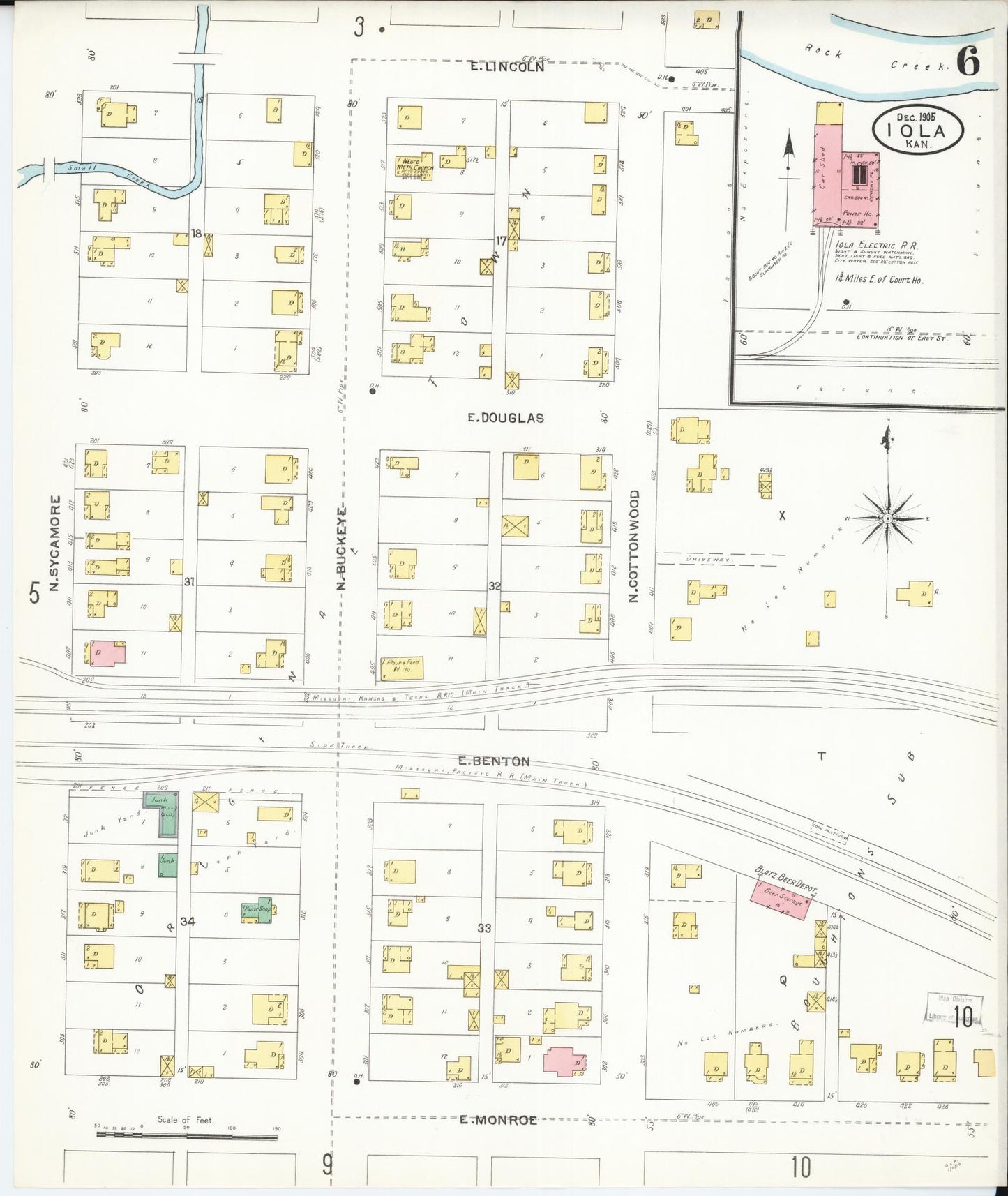 Sanborn Fire Insurance Map from Iola, Allen County, Kansas (1905), Sheet #0006 - Historic Sanborn Fire Insurance Map Print, vintage old map wall art, antique decor, genealogy gift, Kansas Kansas map
