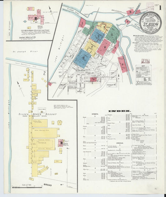 Sanborn Fire Insurance Map from Saint Joseph, Berrien County, Michigan (1908), Sheet #0001 - Historic Sanborn Fire Insurance Map Print, vintage old map wall art, antique decor, genealogy gift, Michigan Michigan map